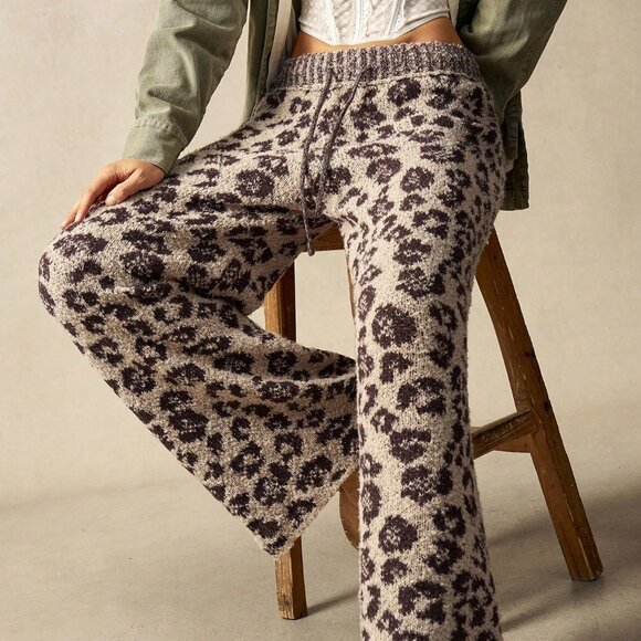 Brown Boho Western Women's Leopard Print Wide Leg Knit Pants - Picture 5 of 8